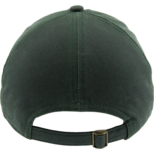 Rear view of the Box Waxed Canvas Cap, showing a six-panel design with an adjustable fabric strap and brass buckle.