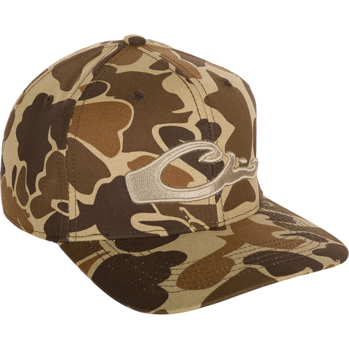 Camo Flat Bill Cap with raised embroidered logo and adjustable snapback closure. 6-panel, low-profile construction for a good fit.