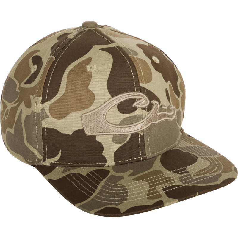 Camo Flat Bill Cap with raised embroidered logo and adjustable snapback closure. Six-panel construction for a good fit.