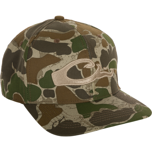 Camo Flat Bill Cap with raised embroidered logo and adjustable snapback closure. Six-panel construction with structured front panels for a good fit.