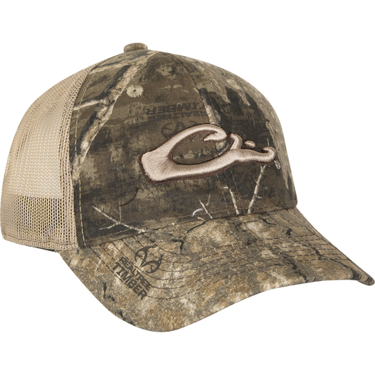 A low-profile, 6-panel camo mesh-back cap made from 100% cotton. Features lightly structured front panels and a secure hook & loop back closure. Includes the Drake "duck head" logo for added style. Perfect for keeping your head covered in comfort and style.
