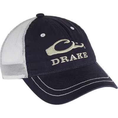 A black and white logo cap with adjustable snapback closure and mesh back. Perfect for staying covered during outdoor activities.