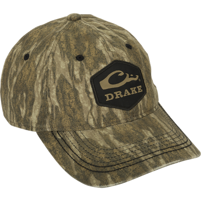 Camo Cotton Twill Hex Patch Cap - A low-profile hat with a black logo, perfect for any adventure. Breathable and durable, with unstructured front panels and a secure hook and loop closure. Conquer the wild in this bold cap!