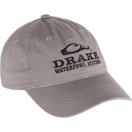 Cotton Twill Systems Cap - Low-profile grey hat with black text, made of 100% cotton twill. Features a contoured bill and brass buckle backstrap for a snug fit. Perfect for staying cool and looking cool.