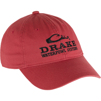 Cotton Twill Systems Cap featuring black text, low-profile design, contoured bill, and brass buckle backstrap, ideal for stylish, comfortable outdoor wear.