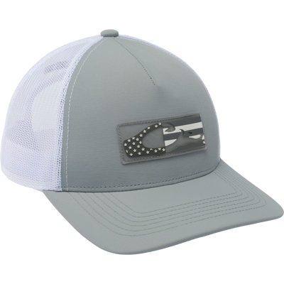 Drake Americana Flag Mesh Back Cap with a silicon American Flag and Drake logo on the front, featuring mesh panels and snap-back closure.