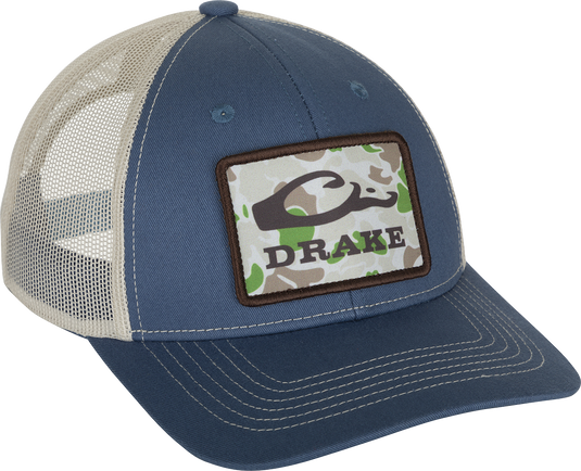Old School Patch Mesh Back Cap with structured crown, cotton twill front, mesh back, pre-curved visor, and adjustable snap closure for stylish outdoor wear.