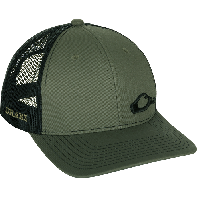 Enid Mesh Back Cap featuring Drake logo in corner, with cotton/poly shell, nylon mesh back, 6-panel construction, structured front panels, and adjustable snapback.