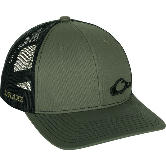 Enid Mesh Back Cap featuring Drake logo in corner, with cotton/poly shell, nylon mesh back, 6-panel construction, structured front panels, and adjustable snapback.