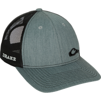 Enid Mesh Back Cap with Drake head logo in corner. Trucker style cap with cotton/poly shell and nylon mesh back. 6-panel construction, structured front panels, adjustable snapback.