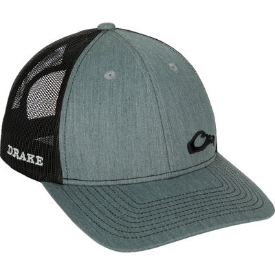 Enid Mesh Back Cap with Drake head logo in corner. Trucker style cap with cotton/poly shell and nylon mesh back. 6-panel construction, structured front panels, adjustable snapback.