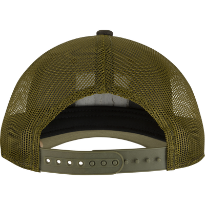 A weathered cotton/poly structured cap with a leather patch featuring the Drake Logo. Trucker-style with a pre-curved visor and adjustable snap back closure.
