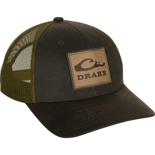 Leather Patch Mesh Back Cap with debossed Drake Logo on a weathered cotton/poly structured six-panel trucker hat. Polyester mesh snapback and adjustable closure.