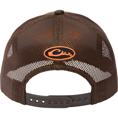 Drake Blaze Logo Mesh Back Cap with orange logo, featuring a structured six-panel design and mesh back, embodying rugged style and comfort.