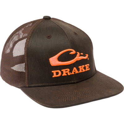 Drake Blaze Logo Mesh Back Cap with orange embroidered logo, flat bill, and mesh back, ideal for rugged outdoor activities. Comfortable six-panel design.