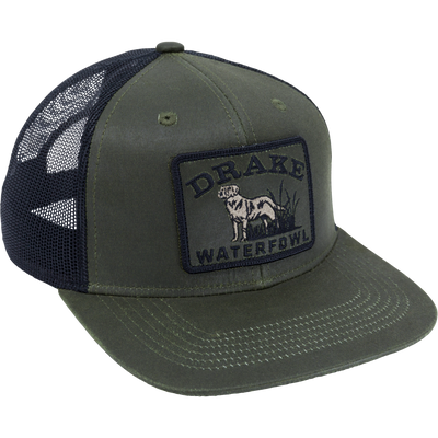 Dog Patch Mesh Back Cap, a high-profile, six-panel baseball cap with a flat visor, featuring embroidered front patch and breathable mesh back for adjustable fit.