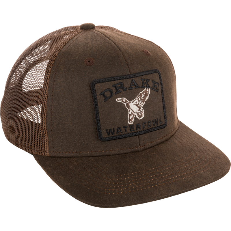 Duck Patch Mesh Back Cap with DRAKE and duck silhouette patch, featuring mesh back, structured crown, flat visor, and adjustable snap closure for waterfowl enthusiasts.