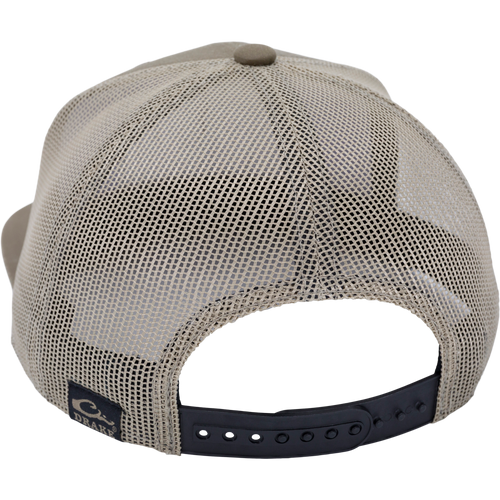 Rear view of Duck Patch Mesh Back Cap, showcasing breathable mesh panels, adjustable snap-back strap, and Drake label, designed for waterfowl hunting enthusiasts.