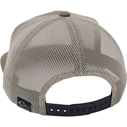 Rear view of Duck Patch Mesh Back Cap, showcasing breathable mesh panels, adjustable snap-back strap, and Drake label, designed for waterfowl hunting enthusiasts.