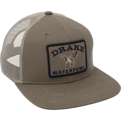 Duck Patch Mesh Back Cap features a structured crown, mesh back, and embroidered DRAKE WATERFOWL patch, ideal for waterfowl enthusiasts seeking durable, breathable headwear.