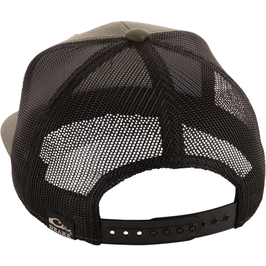 Back view of the Duck Patch Mesh Back Cap with black mesh, adjustable snap closure, and Drake label, designed for durability and breathability in waterfowl hunting.