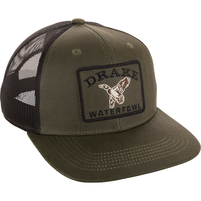 Duck Patch Mesh Back Cap with DRAKE WATERFOWL patch, features a breathable mesh back, structured crown, flat visor, and adjustable snap back for waterfowl enthusiasts.
