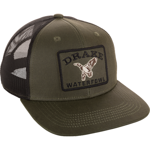 Duck Patch Mesh Back Cap with DRAKE WATERFOWL patch, features a breathable mesh back, structured crown, flat visor, and adjustable snap back for waterfowl enthusiasts.