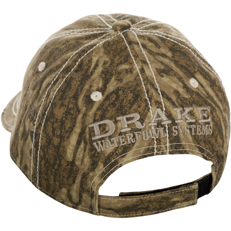 Distressed 6-Panel Ball Cap - Realtree, a weathered cotton hat with raised Drake Logo embroidery, frayed visor, and contrast stitching.