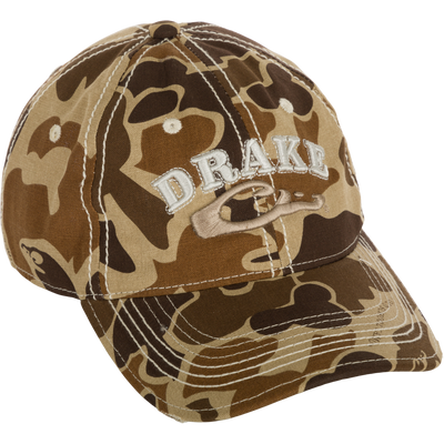 Distressed 6-Panel Ball Cap with raised Drake Logo embroidery, frayed visor, and contrast stitching. Cotton twill panels and adjustable closure.