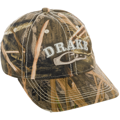 Distressed 6-Panel Ball Cap: A camouflage hat with logo.