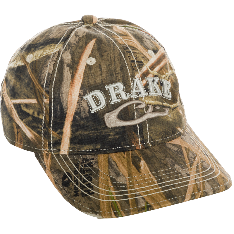 Distressed 6-Panel Ball Cap: A camouflage hat with logo.