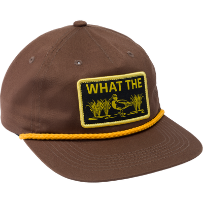 Drake What The Duck Rope Cap with a yellow patch, featuring a flat visor with rope detail, and an adjustable snap-back closure.
