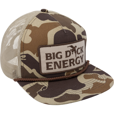 Drake Big Duck Energy Mesh Back Rope Cap with a structured 5-panel design, flat bill, rope detail, and adjustable snap-back closure for a personalized fit.