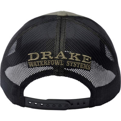 Drake Circle Badge Mesh Back Rope Cap with embroidered logo, featuring a structured crown, flat bill with rope detail, and adjustable mesh back for ventilation.