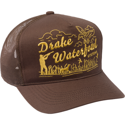Drake Retro Billboard Mesh Back Cap with embroidered hunting scene, mesh panels, foam-filled sweatband, and adjustable snap-back closure, ideal for hunting and outdoor activities.