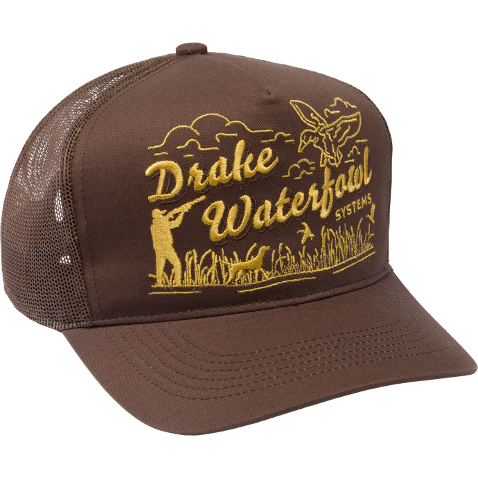 Drake Retro Billboard Mesh Back Cap with embroidered hunting scene, mesh panels, foam-filled sweatband, and adjustable snap-back closure, ideal for hunting and outdoor activities.