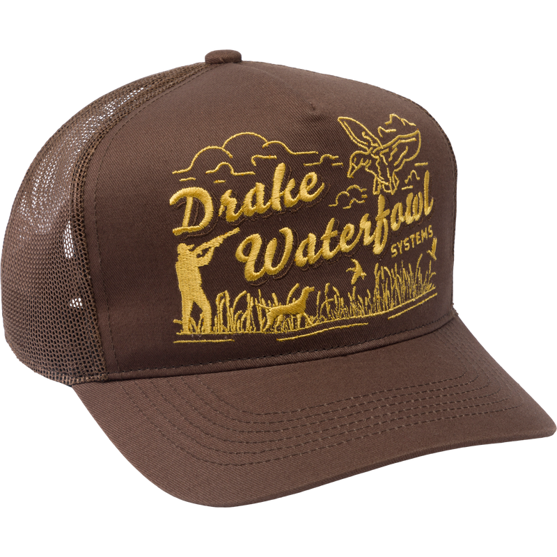 Drake Retro Billboard Mesh Back Cap with embroidered hunting scene, mesh panels, foam-filled sweatband, and adjustable snap-back closure, ideal for hunting and outdoor activities.
