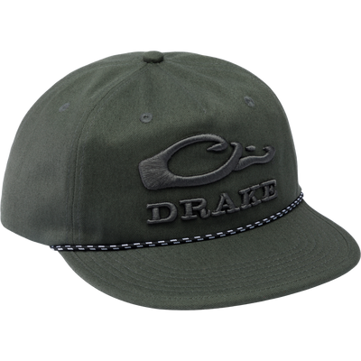 Drake Crusher Rope Cap featuring a logo, crushable design, and adjustable snap-back closure, ideal for outdoor adventures and hunting apparel.