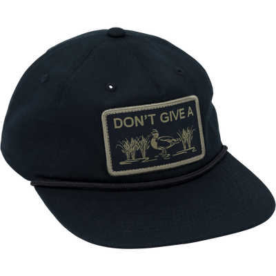 Close-up of the Don't Give A Duck Rope Cap, featuring a 5-panel unstructured crown, flat visor with rope trim, and adjustable snap back closure.