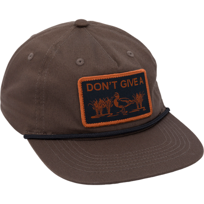 Don’t Give A Duck Rope Cap with 5-panel unstructured crown, flat visor with rope trim, and adjustable snap back, designed for waterfowl enthusiasts seeking style and comfort.