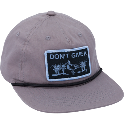 Don’t Give A Duck Rope Cap with a patch, featuring a flat visor with rope trim and adjustable snap back for comfort and style.