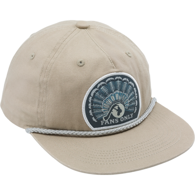 Fans Only Rope Cap with unstructured 5-panel crown, flat visor with rope detail, and adjustable snap back, designed for comfort and outdoor versatility.