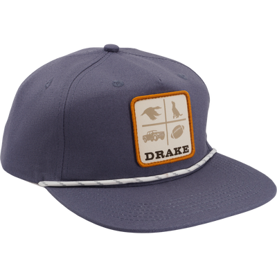 Drake X Lost Hat DDTF Goat Rope Cap featuring a stitched patch with silhouettes, braided rope, and adjustable snap-back, blending comfort and structure for outdoor enthusiasts.