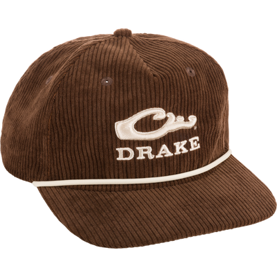 Drake X Lost Hat 3D Goat Rope Cord Cap, featuring brown corduroy with white logo, adjustable snap-back closure, and 5-panel crown construction, ideal for versatile outdoor wear.