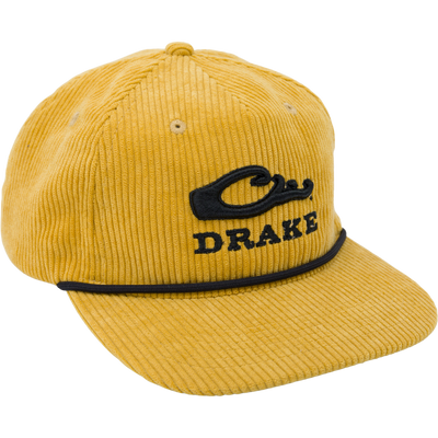 Drake X Lost Hat 3D Goat Rope Cord Cap featuring a black logo on yellow corduroy with adjustable snap-back and flat visor design.