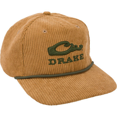 Drake X Lost Hat 3D Goat Rope Cord Cap featuring a brown corduroy design, green embroidered logo, flat visor, and adjustable snap-back closure.