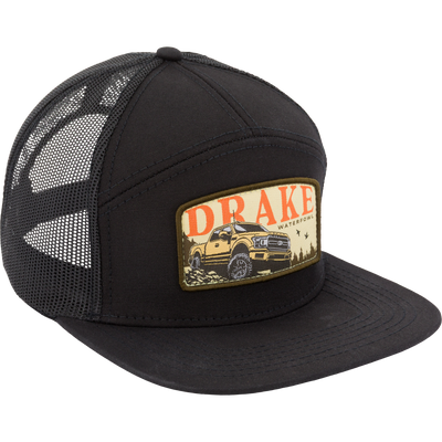 Drake X Lost Hat Ranchero Mesh Back Rope Cap featuring a DRAKE Waterfowl patch with a yellow truck illustration, solid front, and ventilated mesh back.