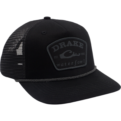 Drake X Lost Hat Rancheero Mesh Back Rope Cap features a foam front, mesh back, braided rope, and DRAKE waterfowl Est. 2002 patch.