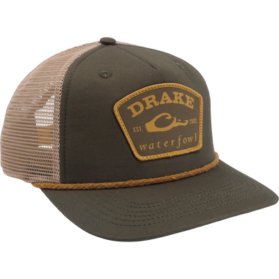 Drake X Lost Hat Rancheero Mesh Back Rope Cap with olive canvas front, tan mesh, and duck-bill logo patch, ideal for hunting and outdoor activities.