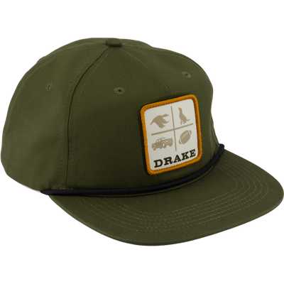 Olive green Drake X Lost Hat DDTF Goat Rope Cap with a black rope trim across the brim and a patch featuring a four-paneled icon of a bird, dog, truck, and football above the word DRAKE.